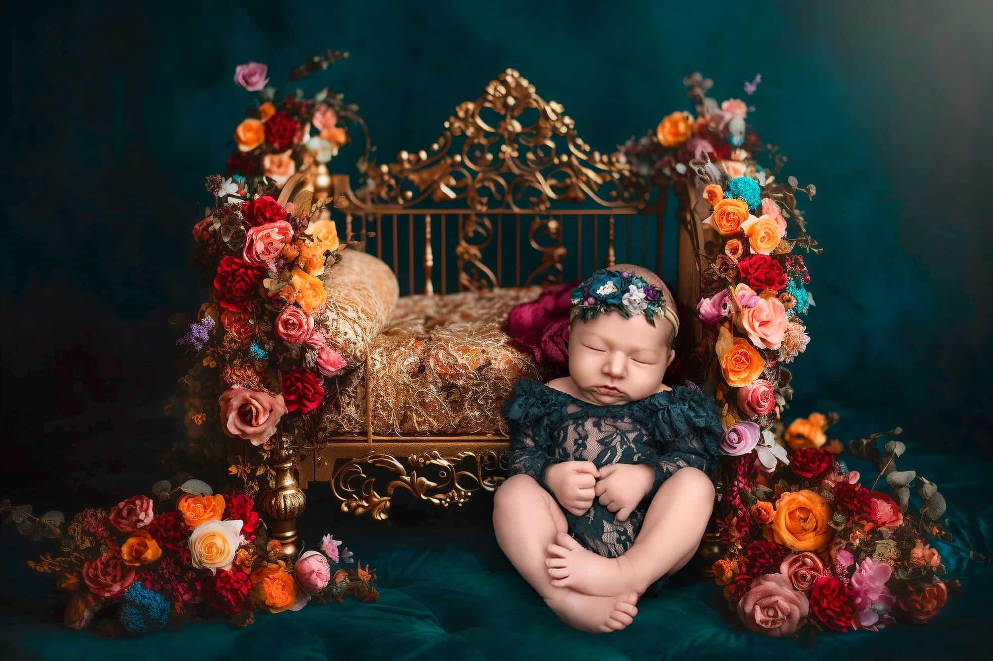 Glastonbury newborn photography newborn baby girl asleep against a gilded newborn bed covered in flowers