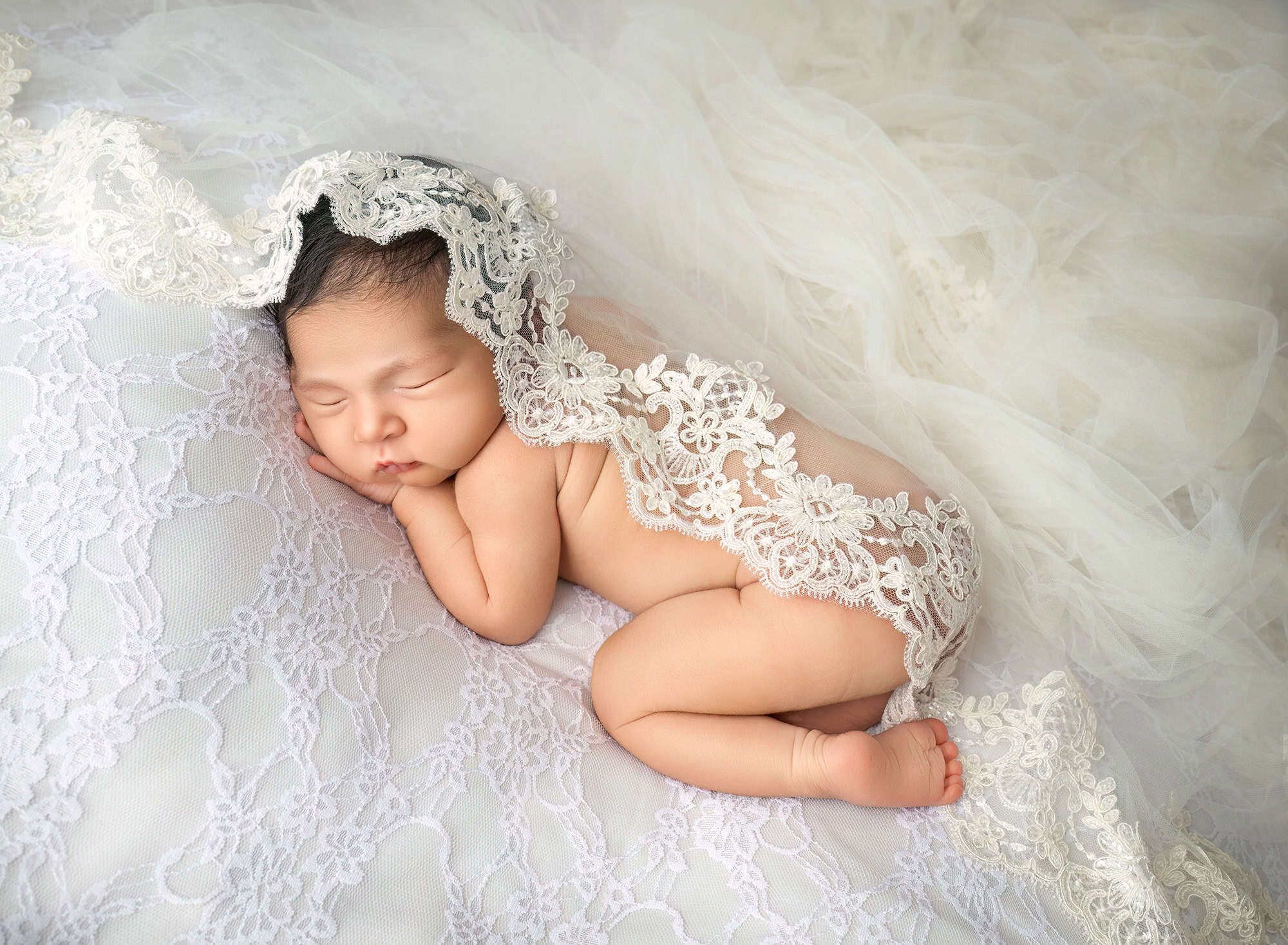 newborn photos with wedding veil covering baby elliana in lace