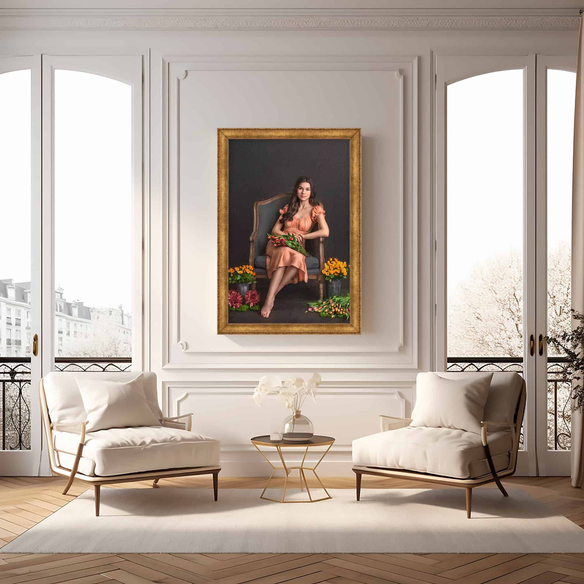 hand-painted canvas portrait framed on the wall of young woman seated holding flowers