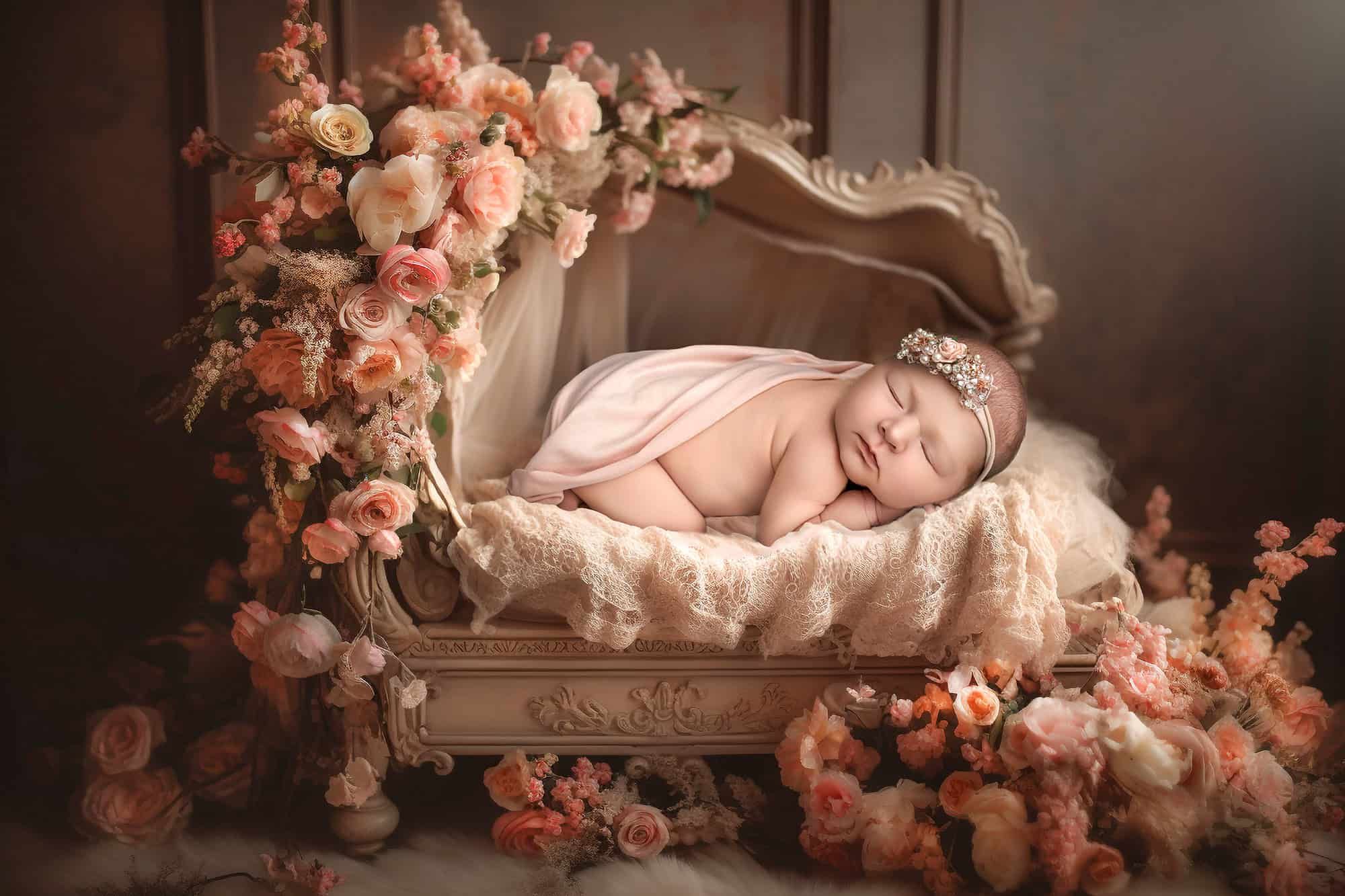 Glastonbury newborn photographer newborn baby sleeping in a rose covered bed