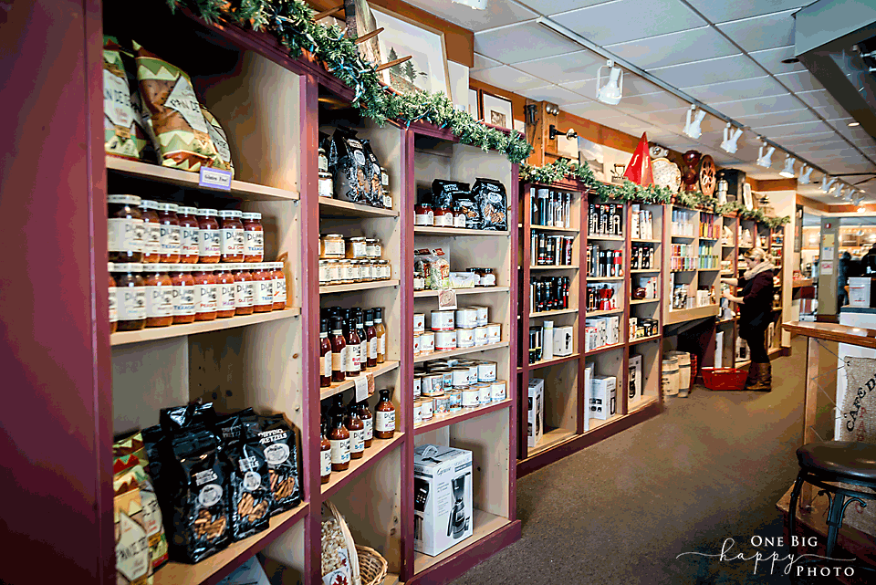 Wall of gourmet foods on sale at Daybreak Coffee Roasters