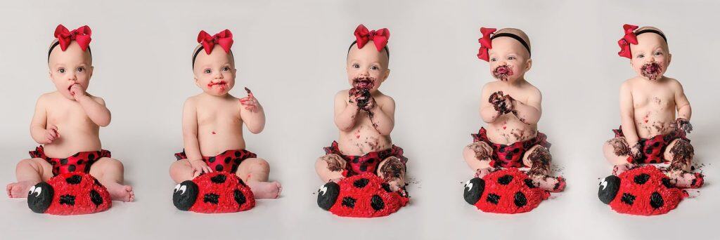 one year old baby girl from beginning of cake to end of cake smash image Glastonbury CT Baby Photographer One Big Happy Photo www.onebighappyphoto.com/babies