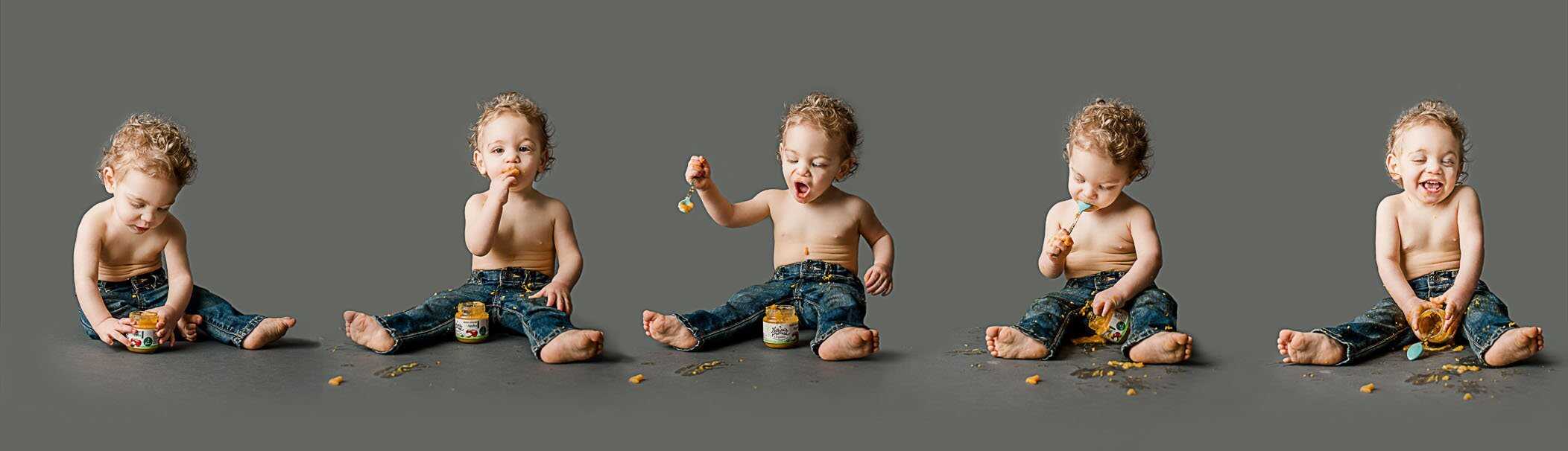 5 images blended across of toddler eating a jar of food from beginning to end One Big Happy Photo