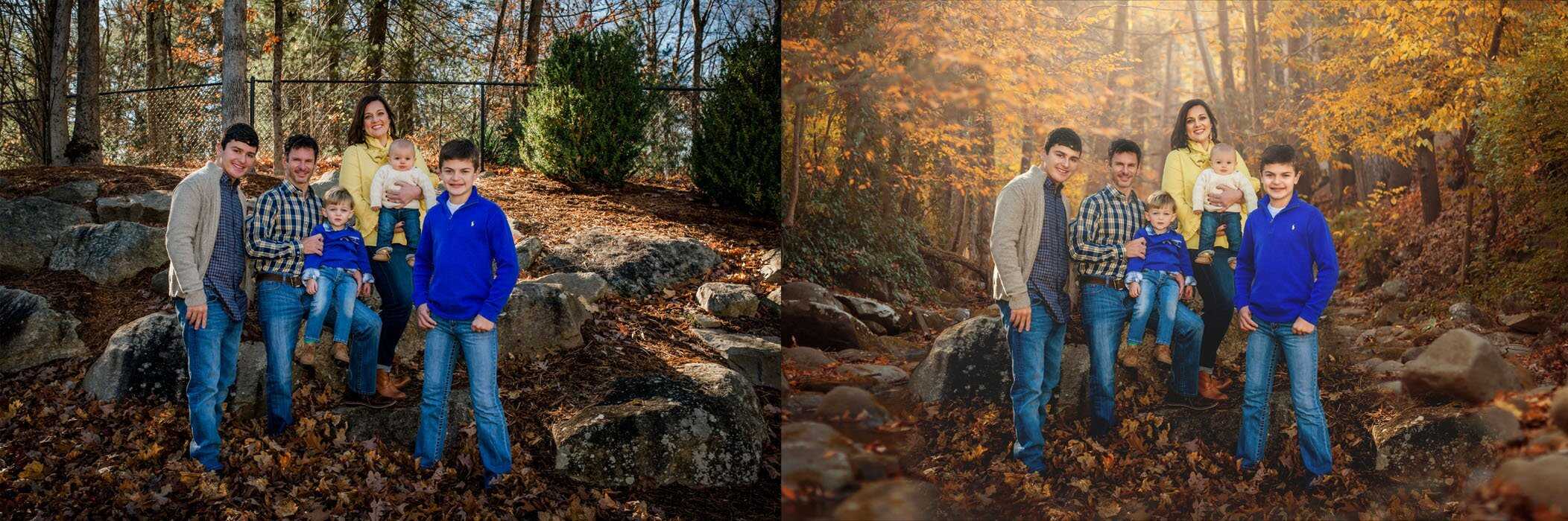 before and after family photograph in backyard to beautiful fall woods