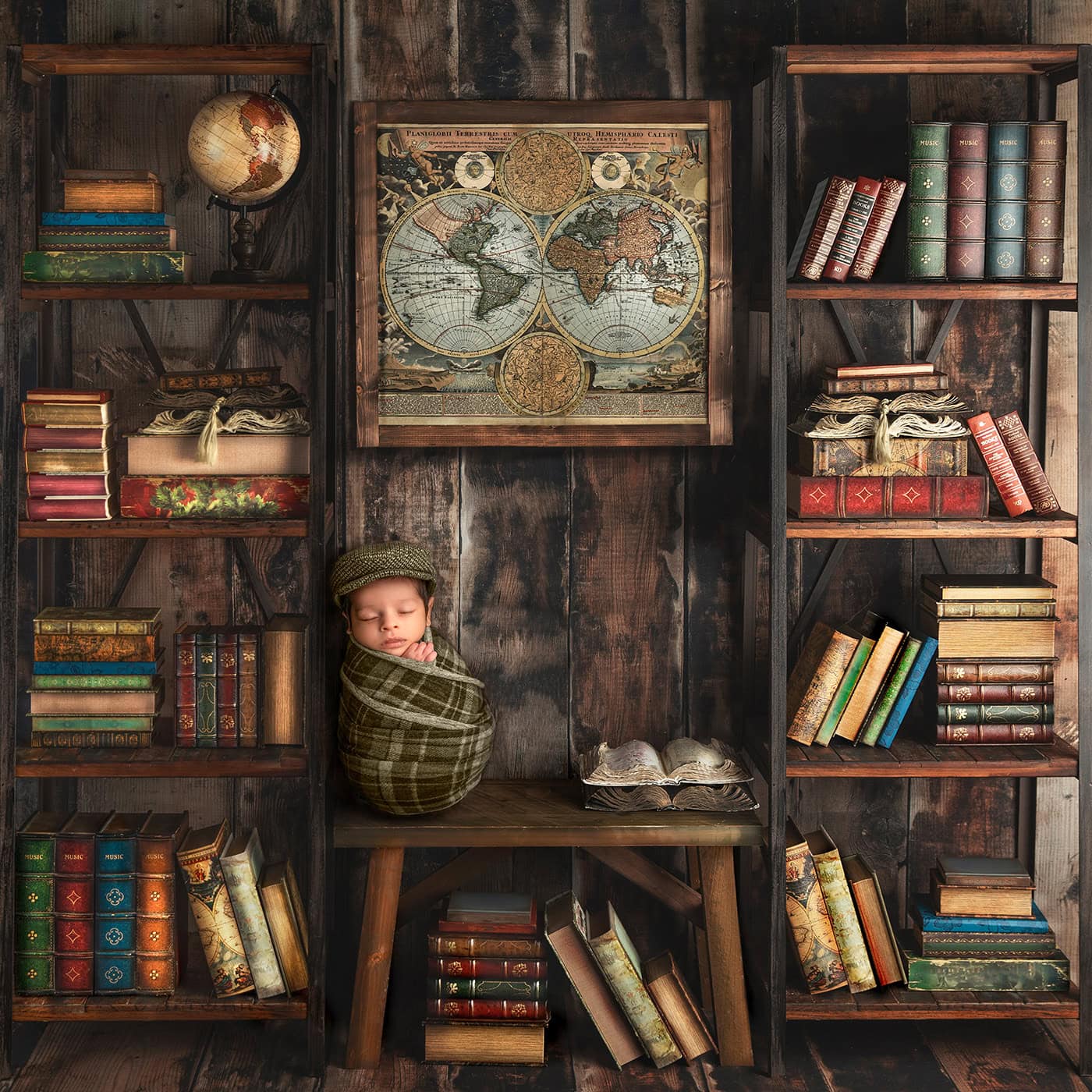 Newborn wrapped in plaid fabric with newspaper boy hat in library setting. Bespoke Newborn Photography