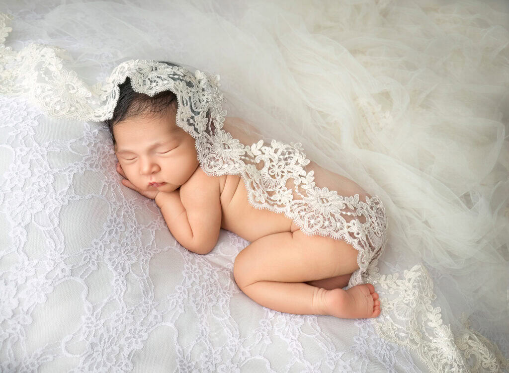 newborn photos with wedding veil covering baby elliana in lace