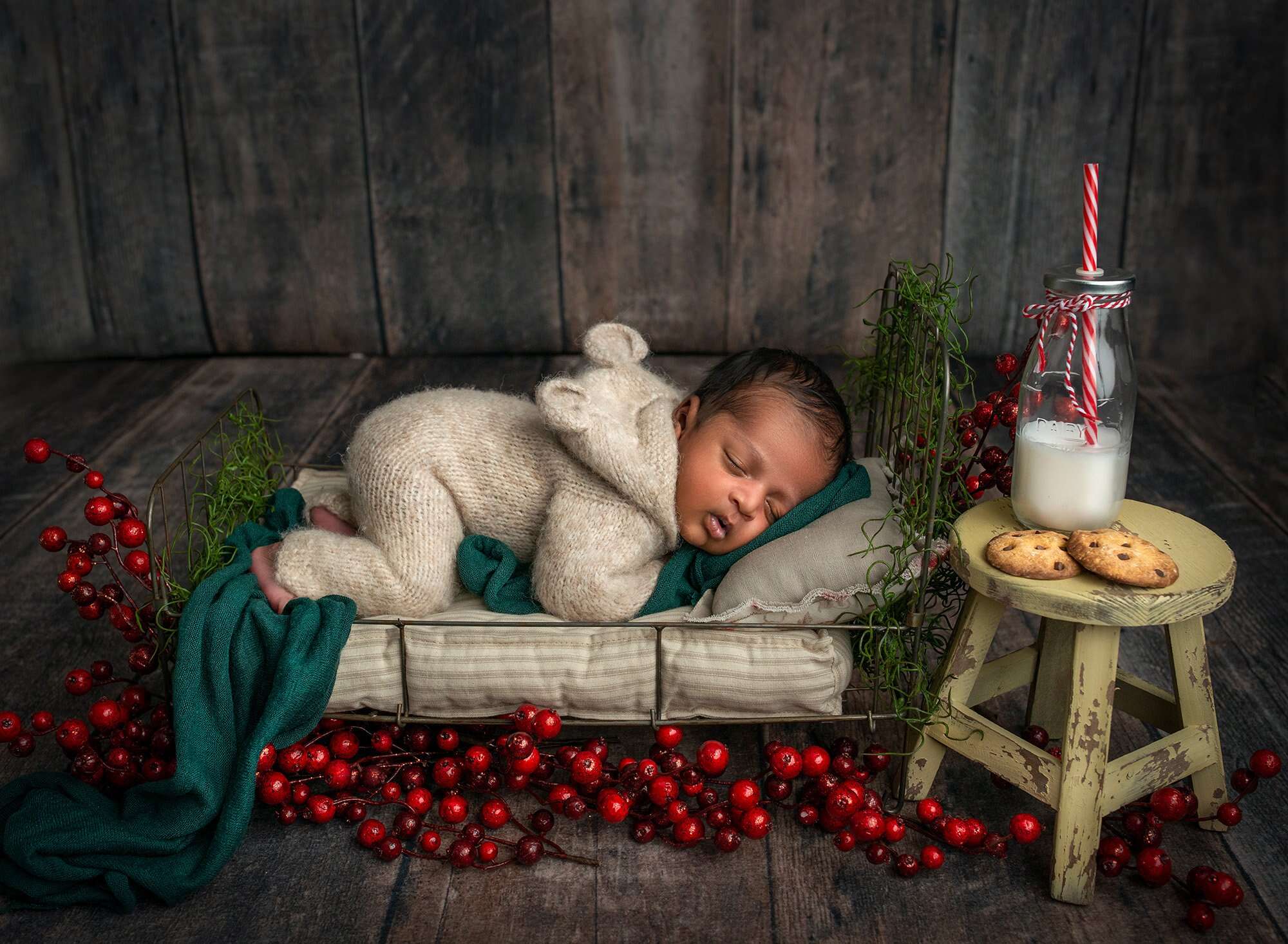 sweet newborn baby boy laying on miniature bed surrounded by a cranberry vine with a glass of milk and cookies on a stool beside him