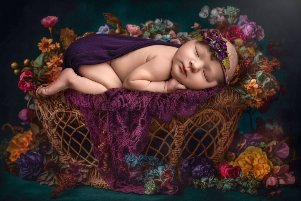 newborn baby girl asleep in a floral basket all created through composite editing.