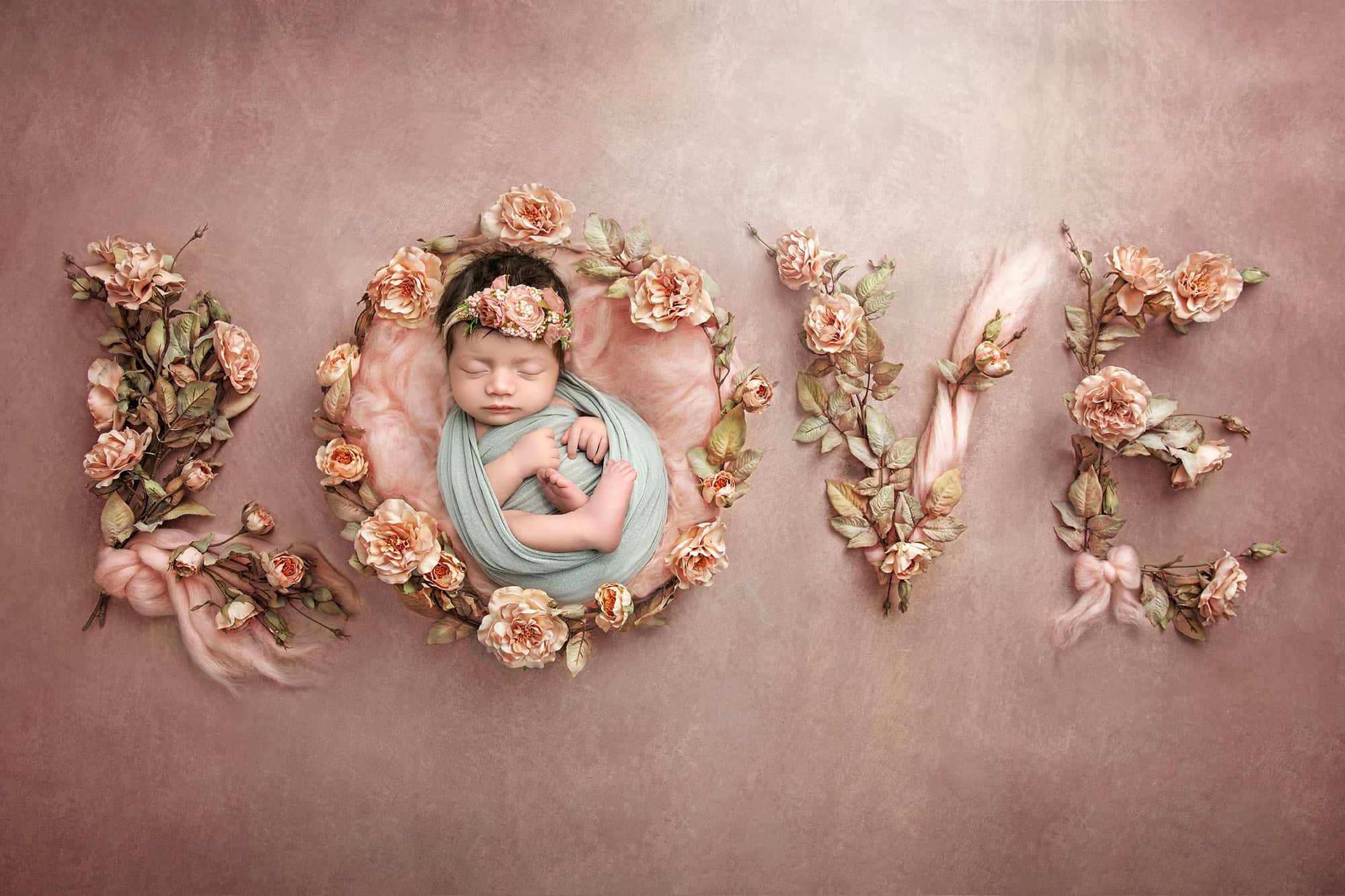 Floral artwork spelling LOVE with Lee Anne curled at the center.