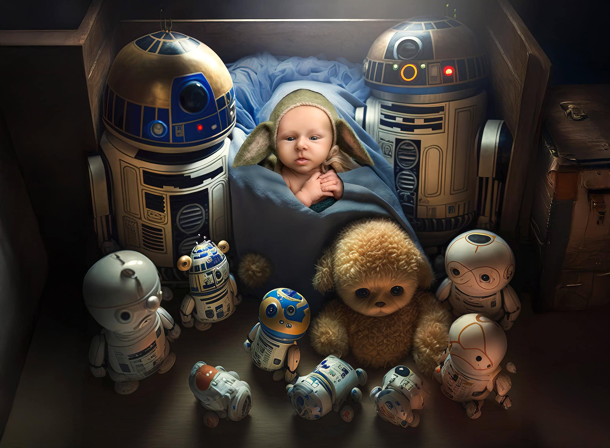 Creative baby photos Cinematic Star Wars-themed newborn portrait of Levi in Baby Yoda ears with friendly droids.