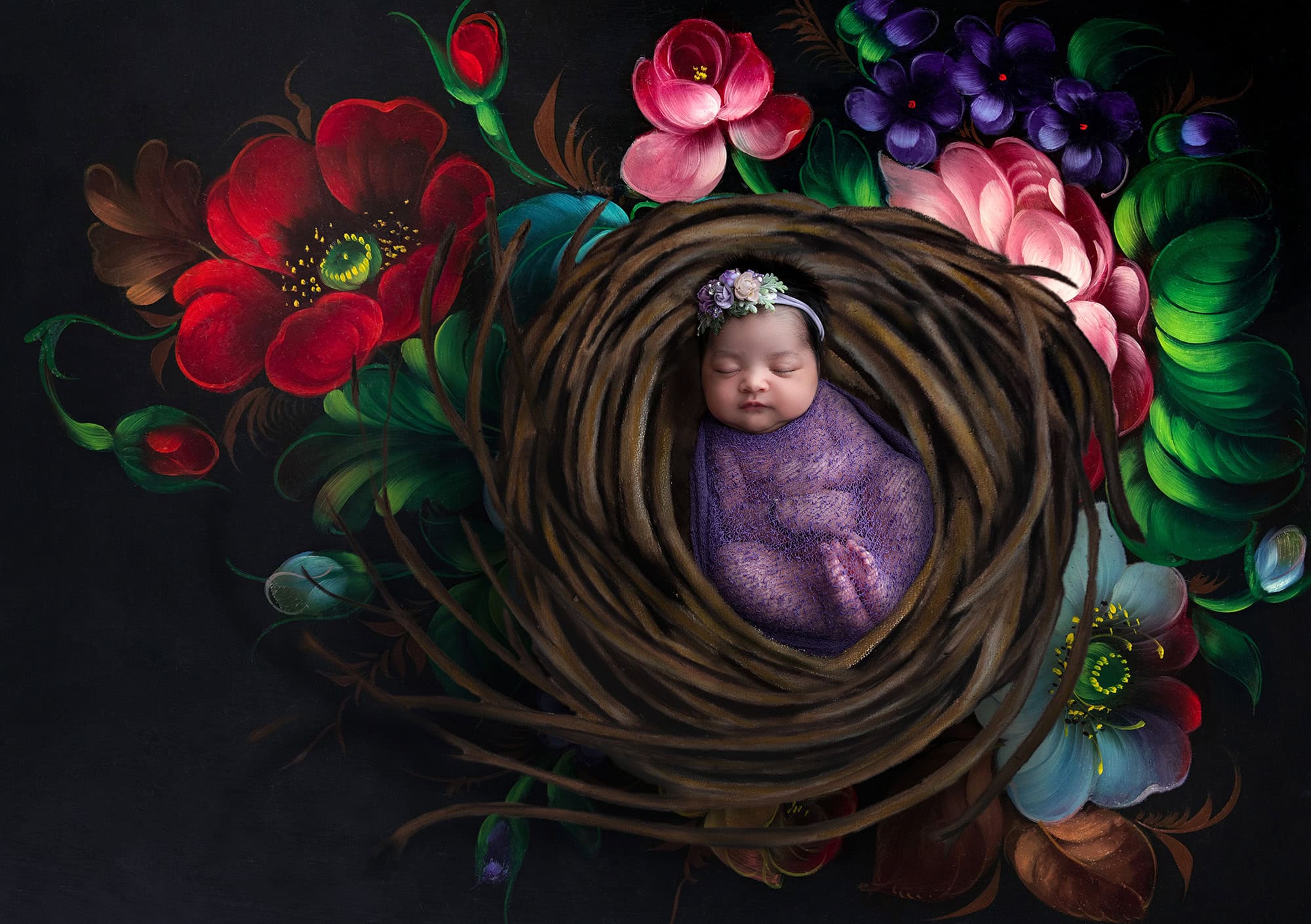 Newborn Photos Full of Color newborn baby girl asleep swaddled in purple inside wooden wreath with vibrant floral background
