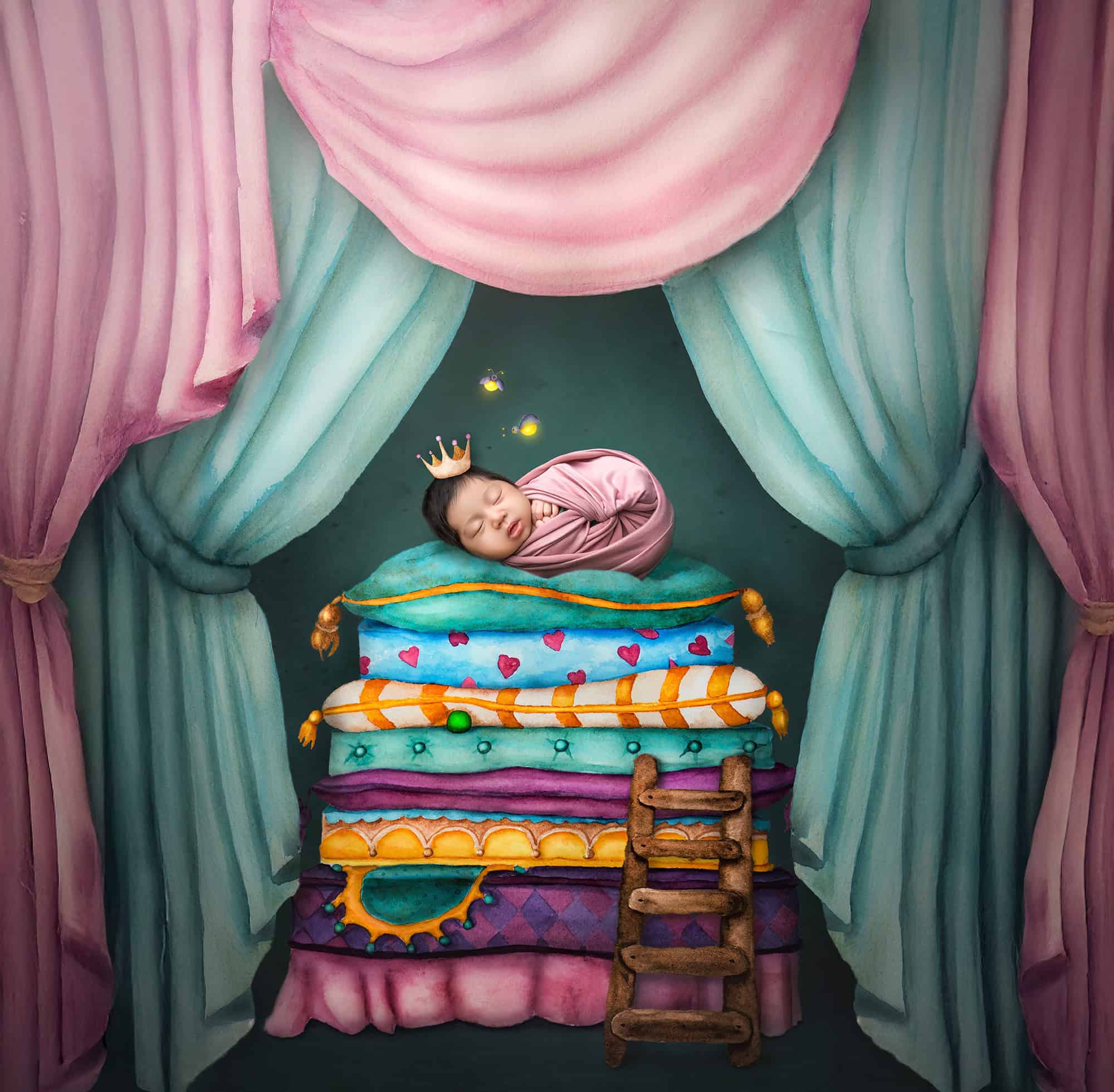 Composite artwork of newborn sleeping on stacked mattresses, fairy-tale theme.