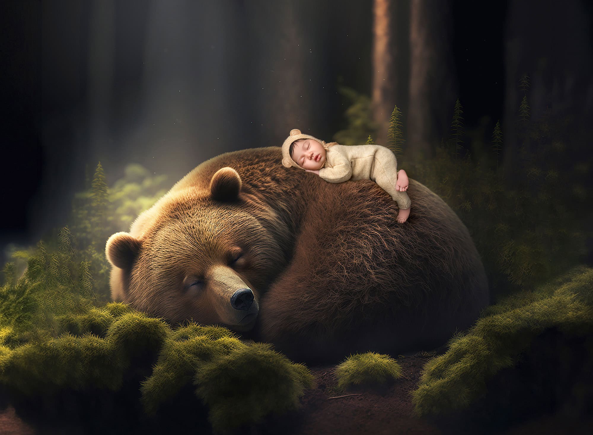 Composite artwork of newborn resting on a bear in a peaceful forest scene.