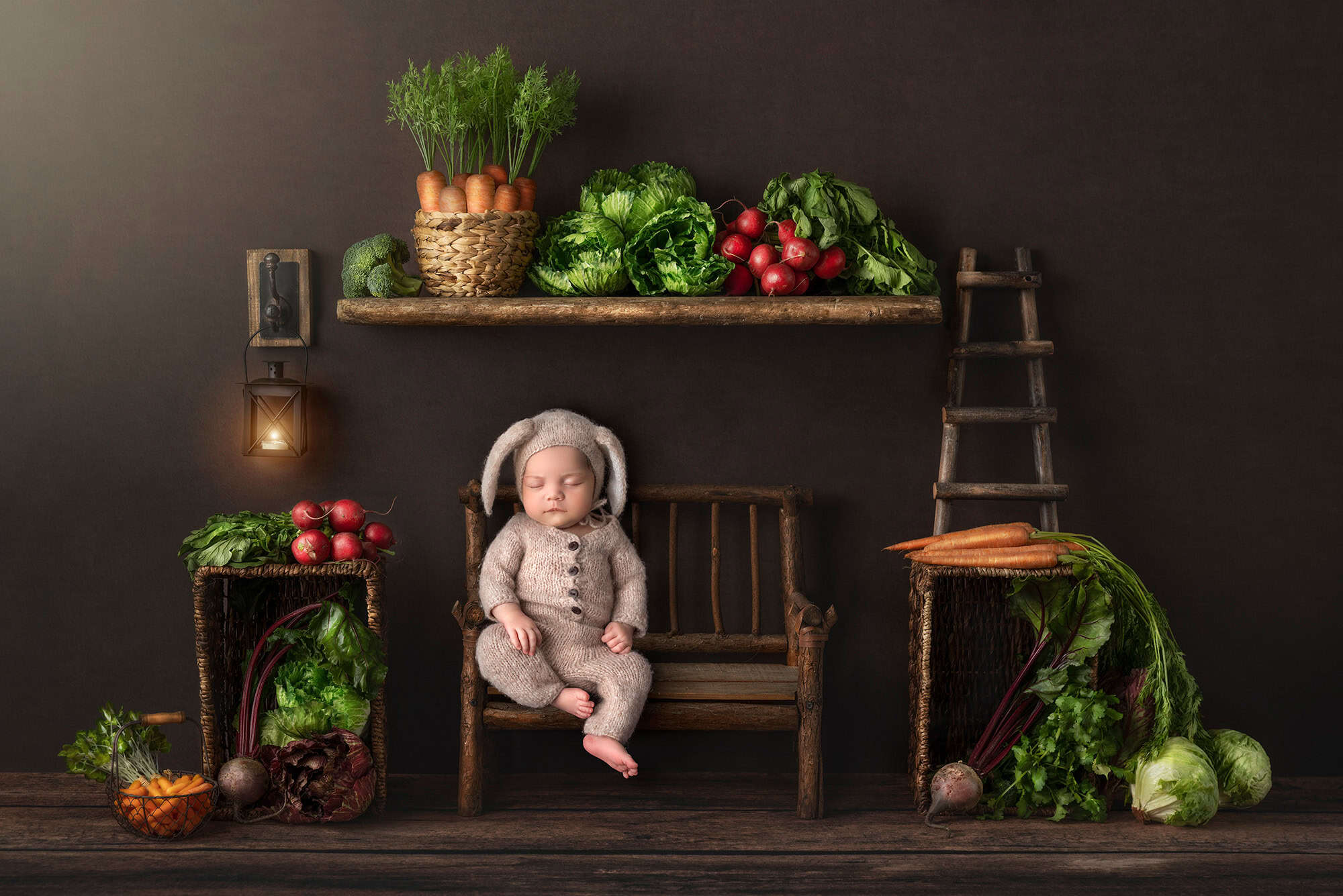 best newborn photographer best time for a newborn shoot baby dressed as a bunny with fresh vegetables all around