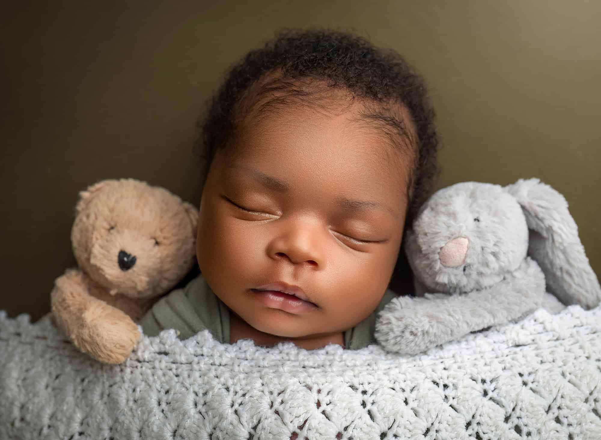 best newborn photographer newborn photographer in Glastonbury CT baby sleeping with stuffed toys