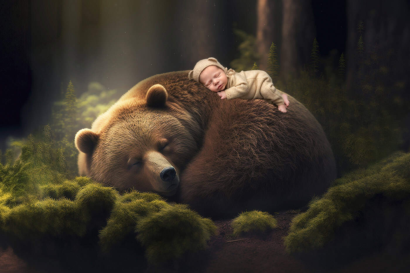 newborn photos with teddy bears Newborn photo with teddy bear featuring baby Teddy sleeping on a bear's back