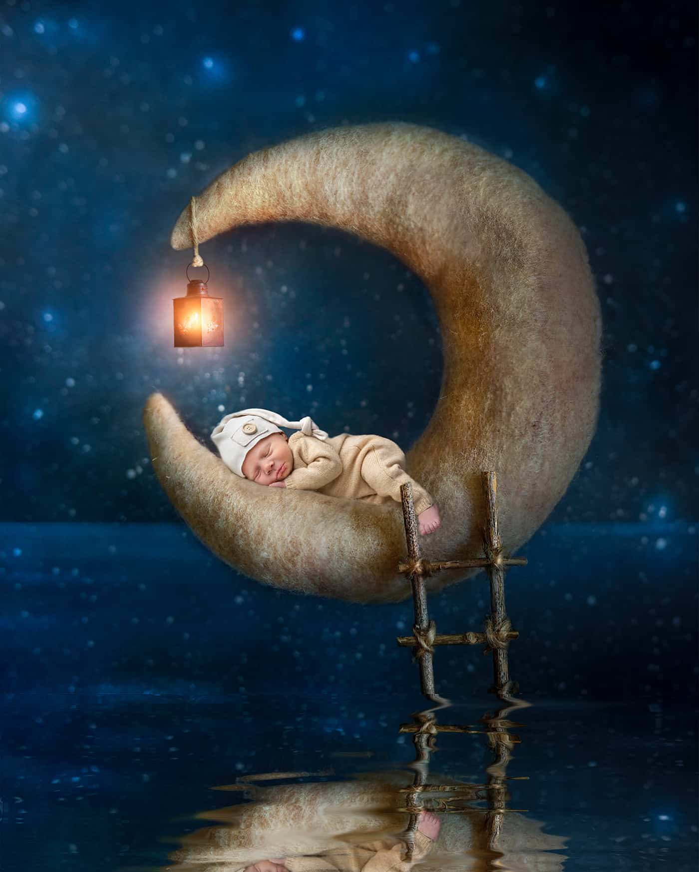 Baby Teddy sleeping on a crescent moon with a nightcap