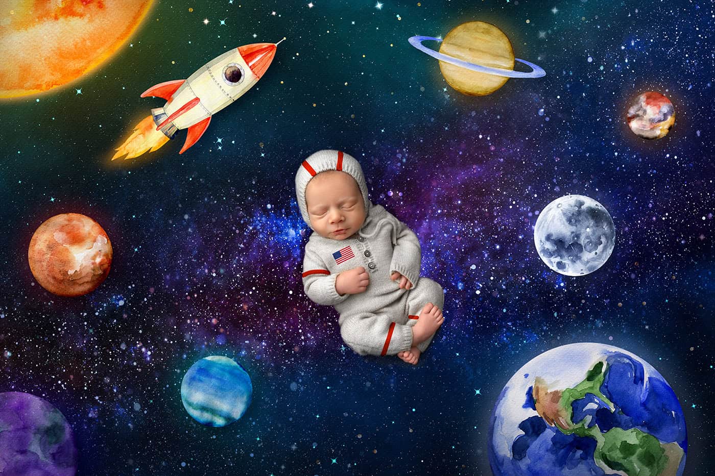 Composite image of baby Teddy as an astronaut