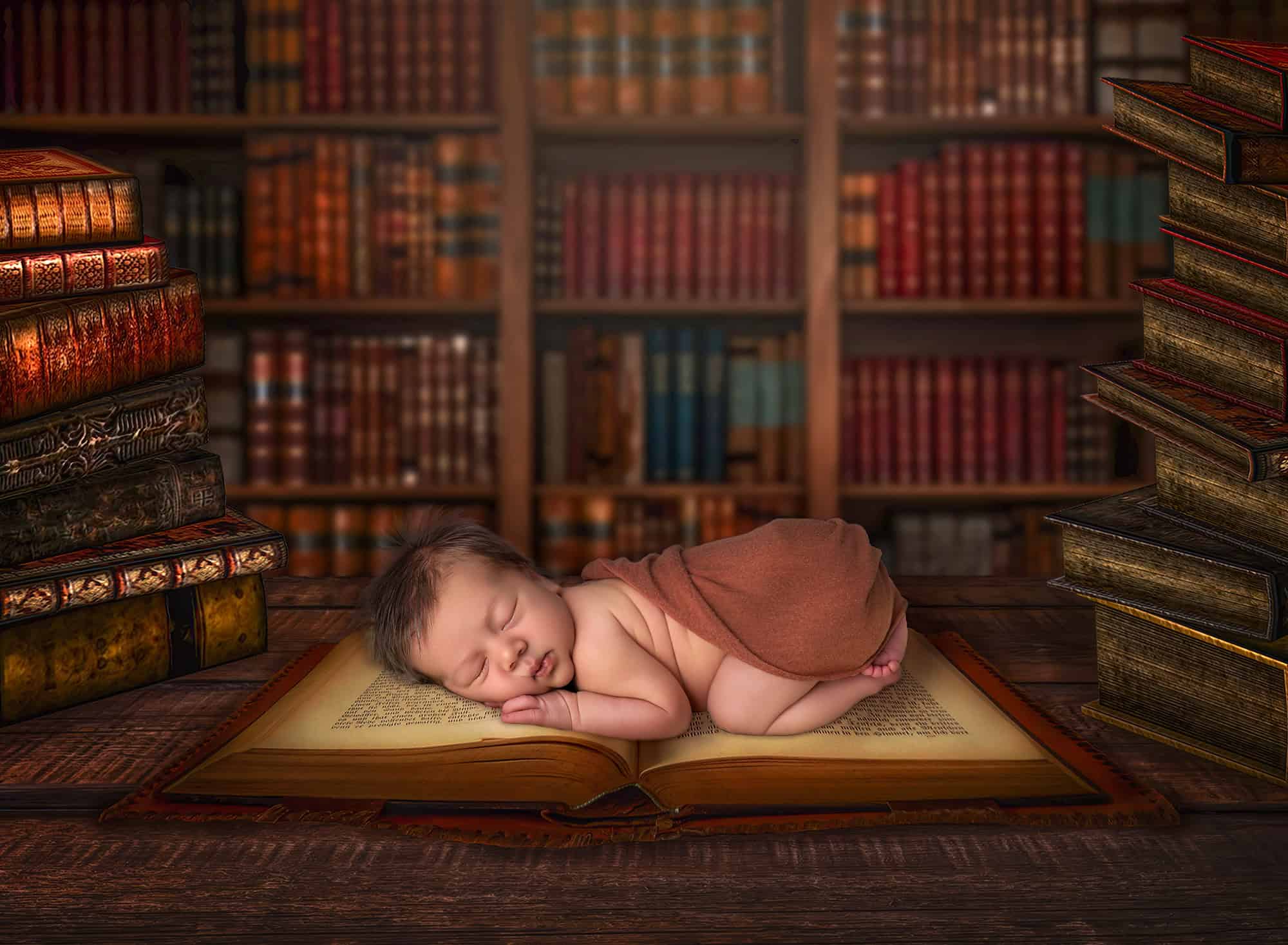 Newborn asleep on open antique book in library set.