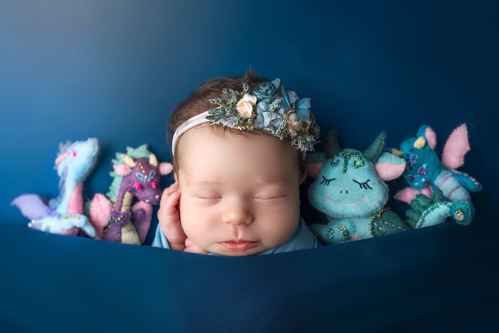 newborn photographer safely posed baby during photo session with stuffed baby dragons next to her