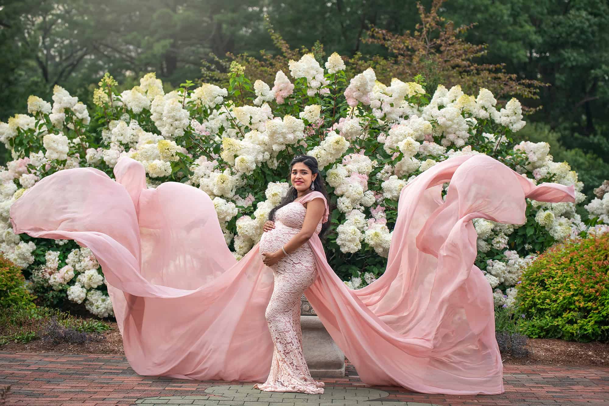 maternity and newborn photography pregnant mom with flowing pink dress posed in front of pink and white hydrangeas