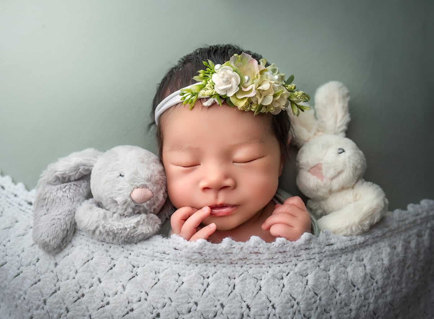 how to prepare for newborn photoshoot Glastonbury CT Luxury Newborn Photography simple photo of baby sleeping with 2 stuffies.