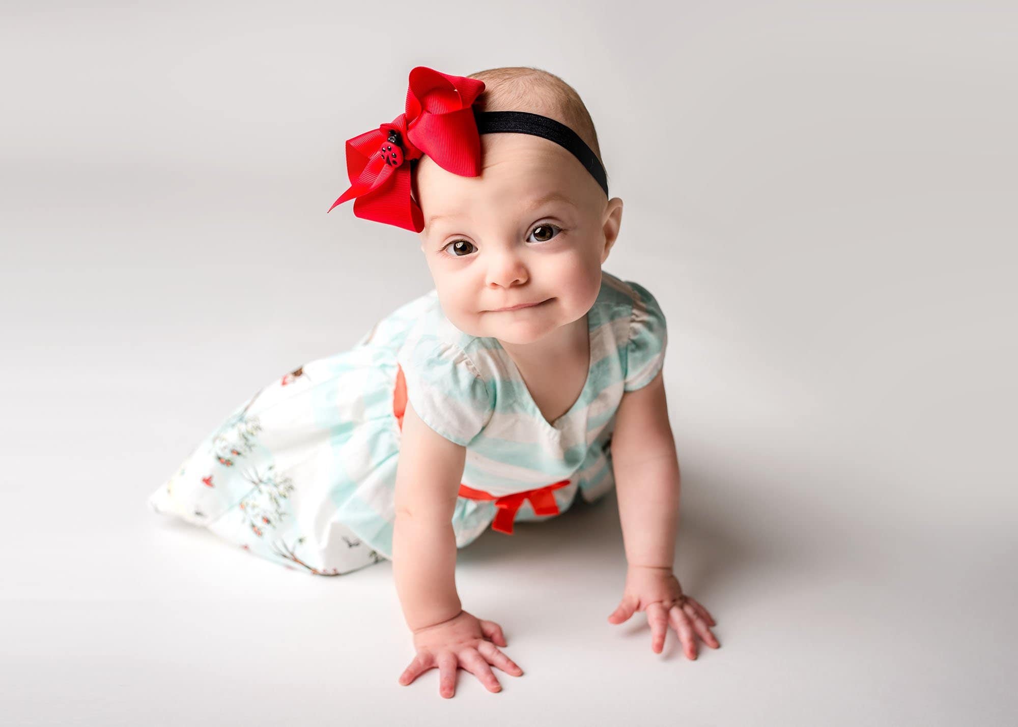 one year old baby girl crawling in a blue and white dress with a red bow Glastonbury CT Baby Photographer One Big Happy Photo www.onebighappyphoto.com/babies