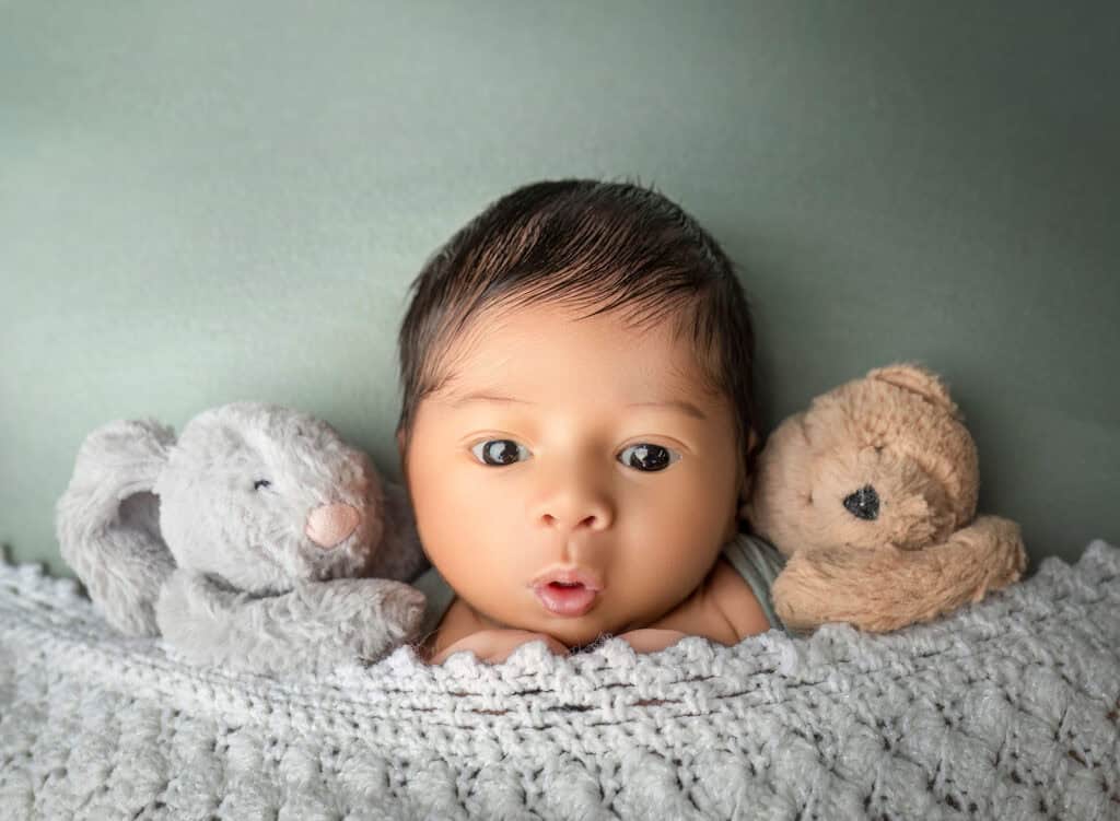 Awake newborn tucked between plush toys with knitted blanket