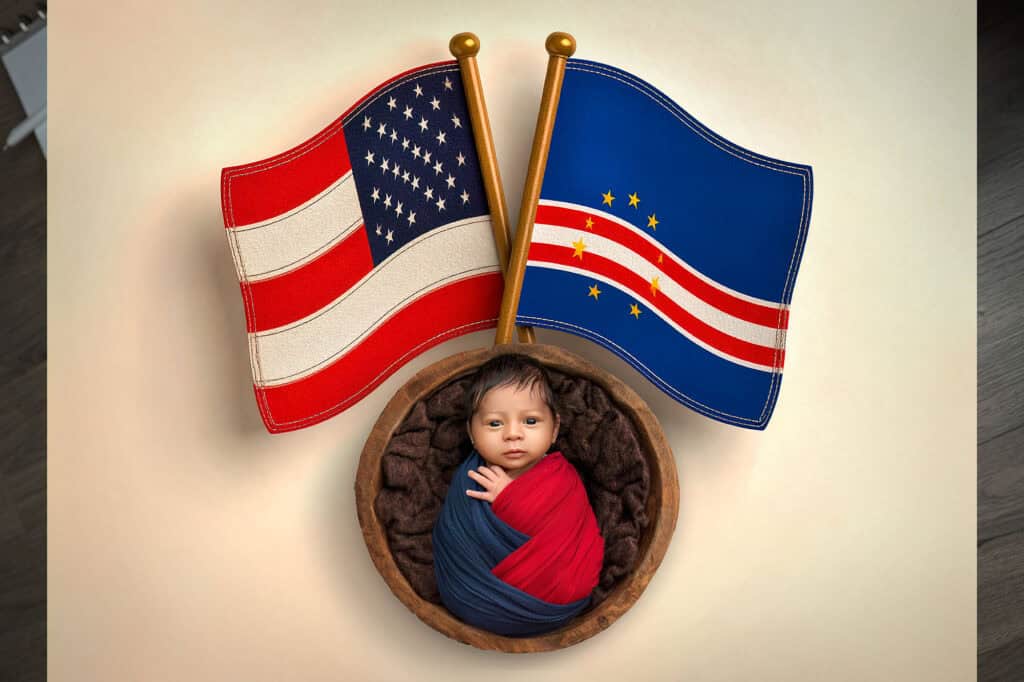 Cape Verde and United States flags behind newborn in heritage portrait