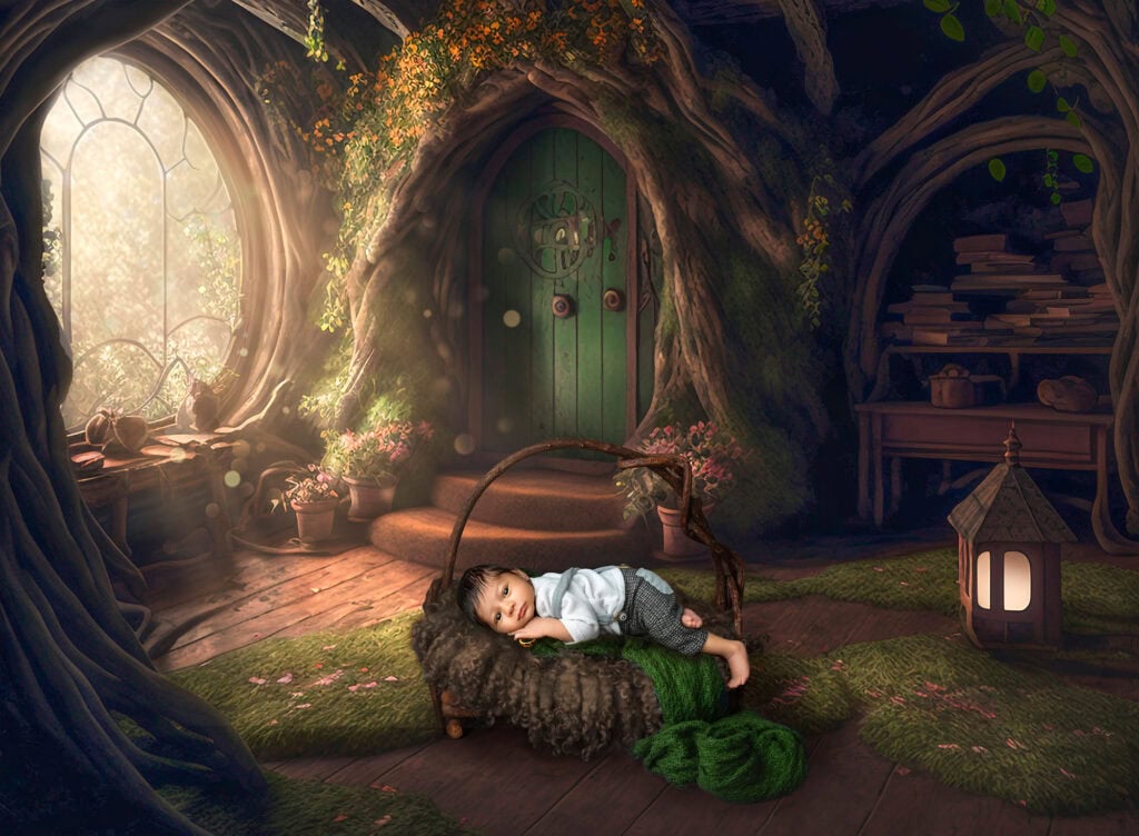 Fantasy woodland scene with baby resting on mossy bed, light streaming through window