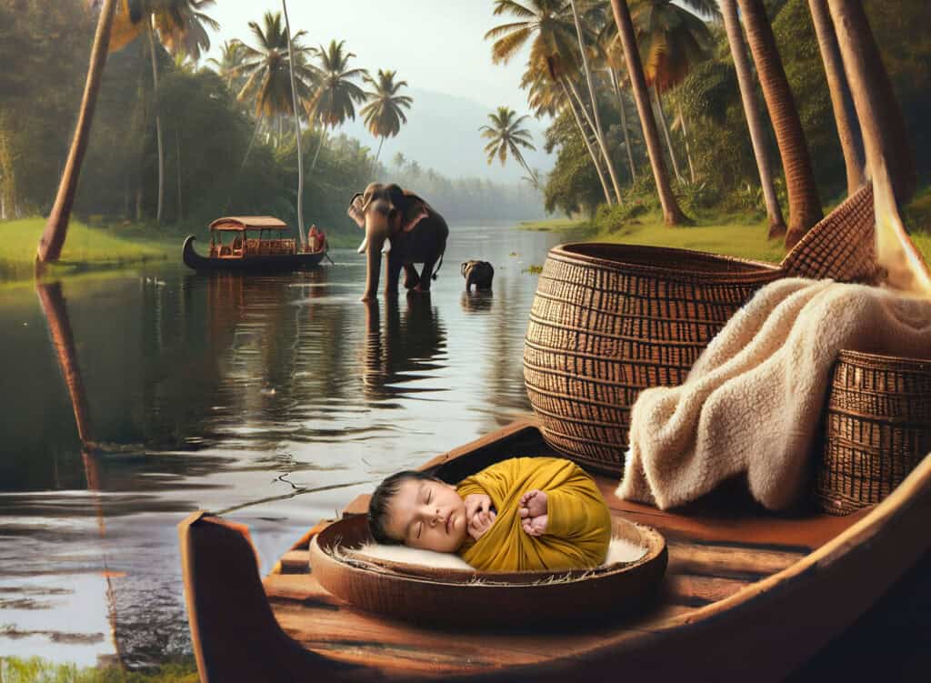 newborn and family photography image of baby swaddled on canoe set by palm-lined river with woven baskets