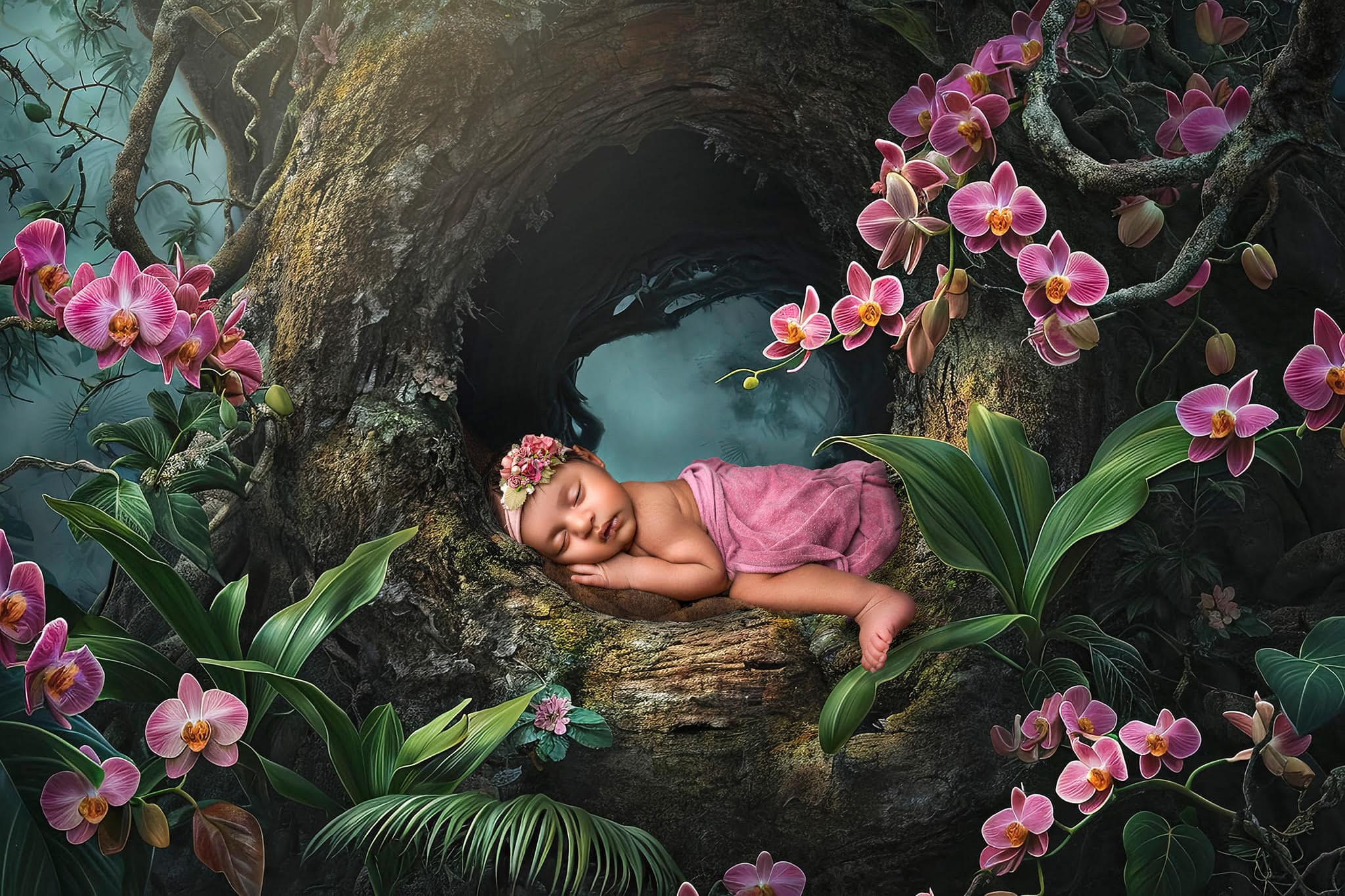 Newborn lying in a tree hollow surrounded by pink orchids