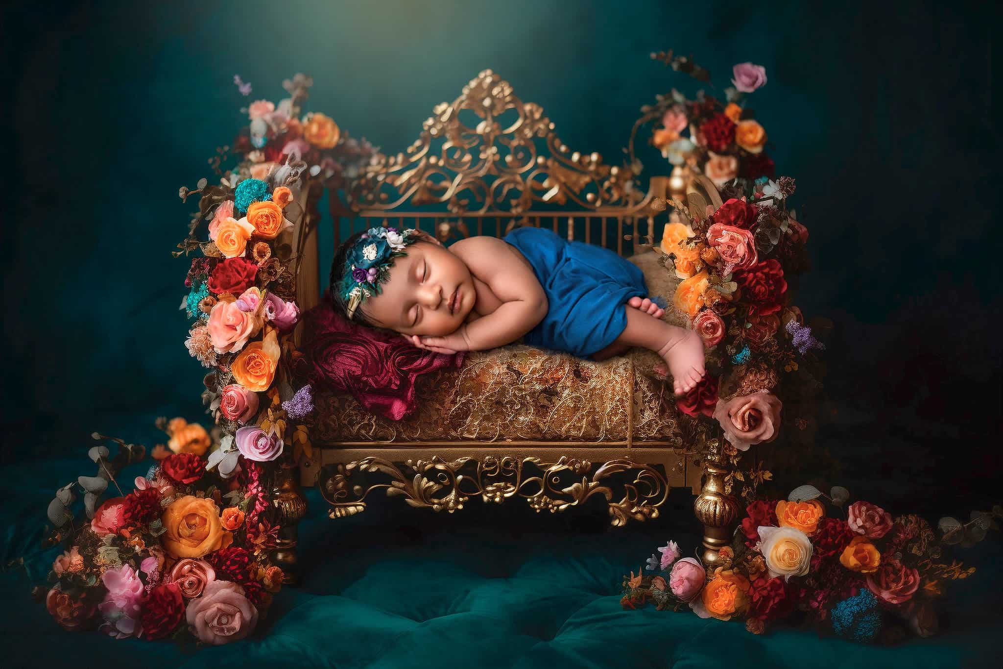 Baby Dhanya asleep in golden bed surrounded by jewel-toned flowers