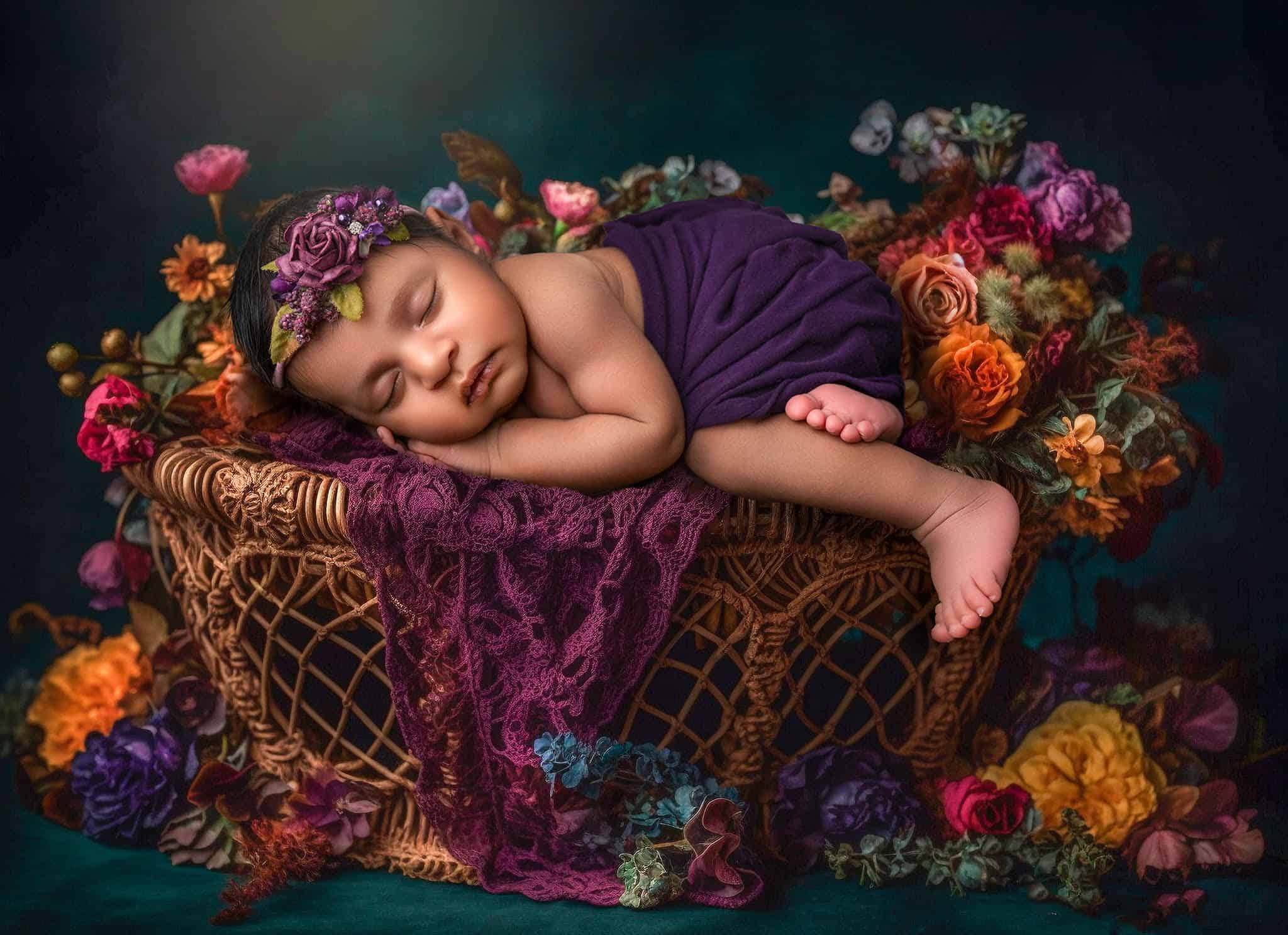 newborn baby girl asleep across woven rattan bed surrounded by vibrant jewel toned florals
