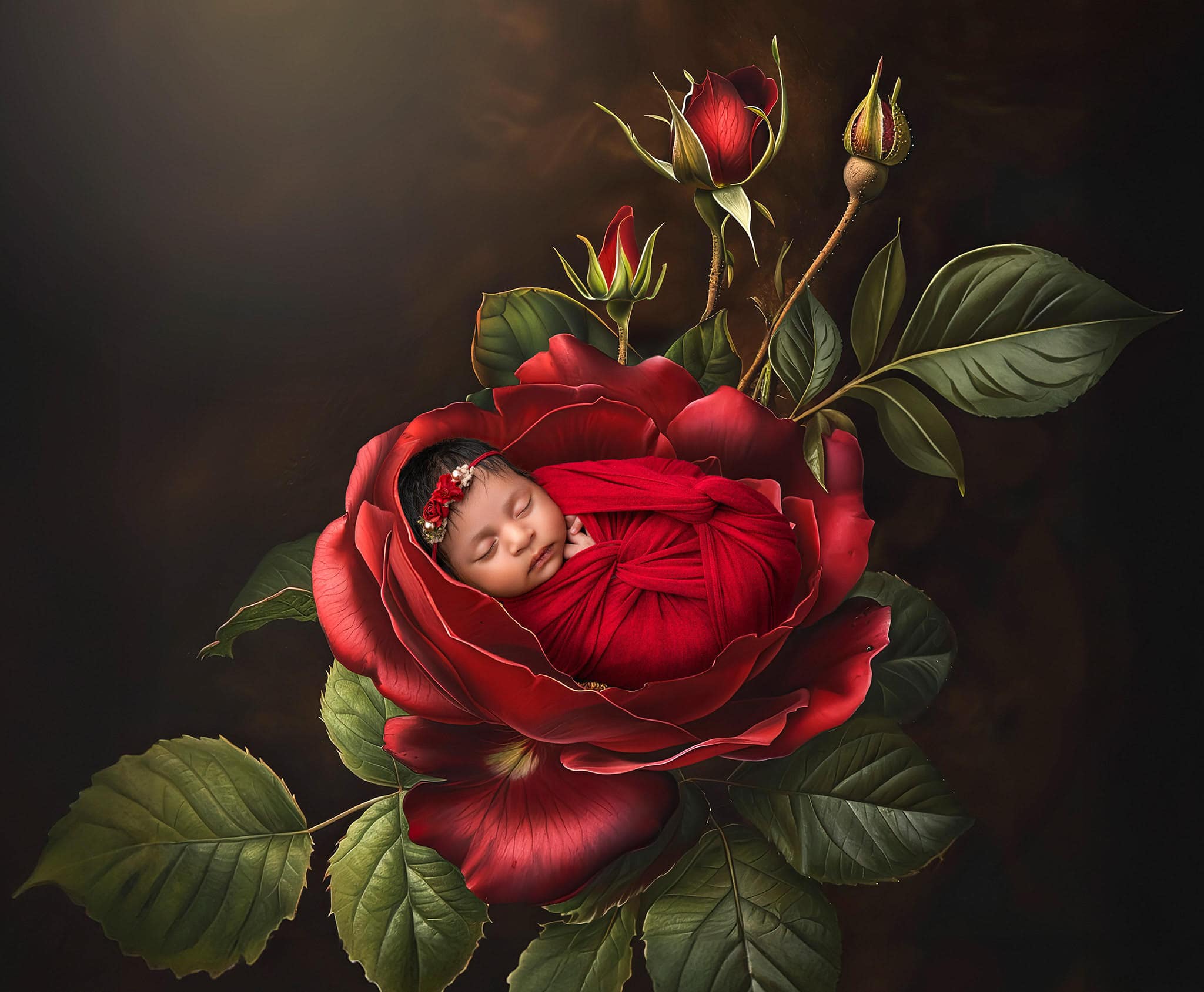 Fine art maternity photography Newborn nestled inside a red rose flower composite portrait