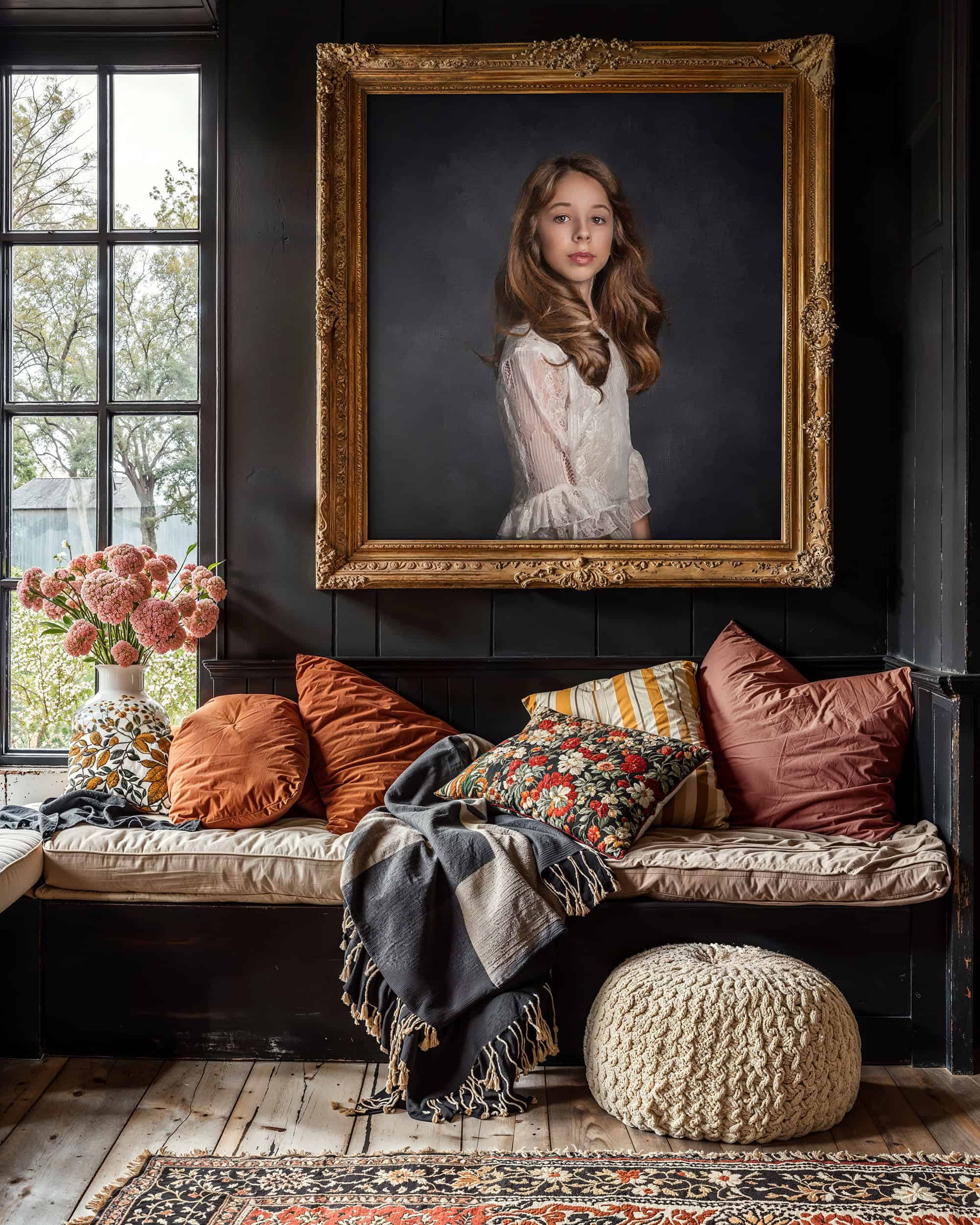 hand-painted canvas portrait framed and on the wall of young girl wearing lace blouse looking at the viewer