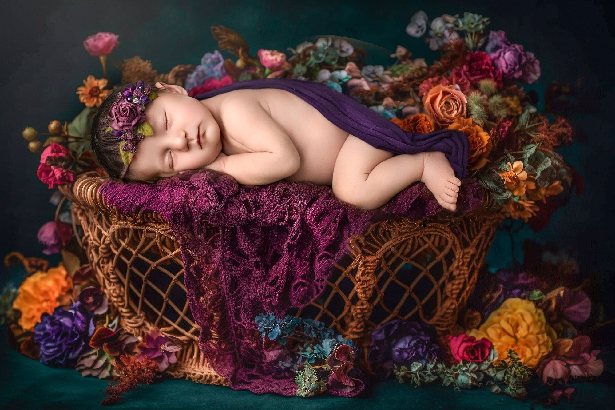 dramatic floral basket scene with violet wrap