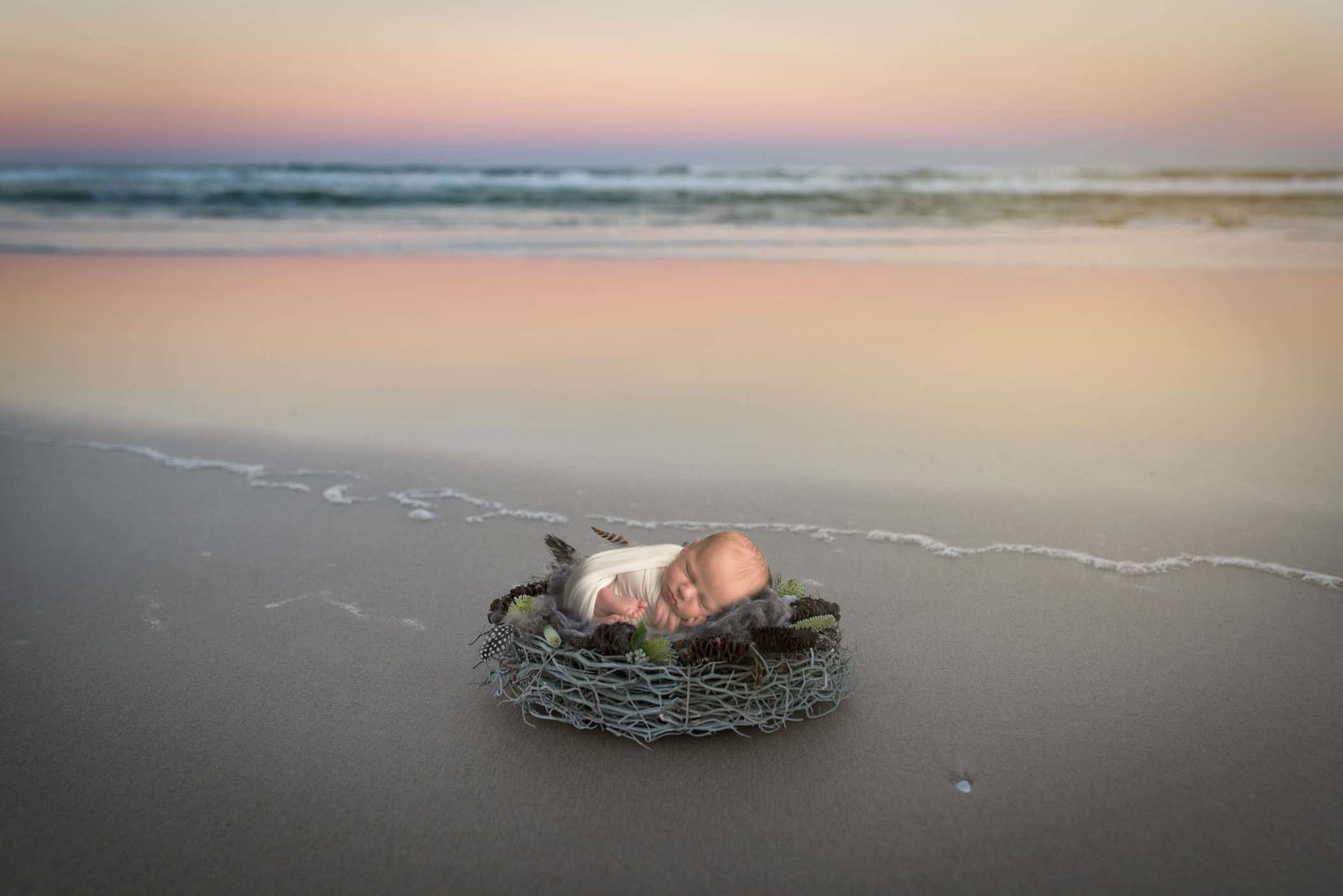 rainbow newborn baby lying in nest on the beach