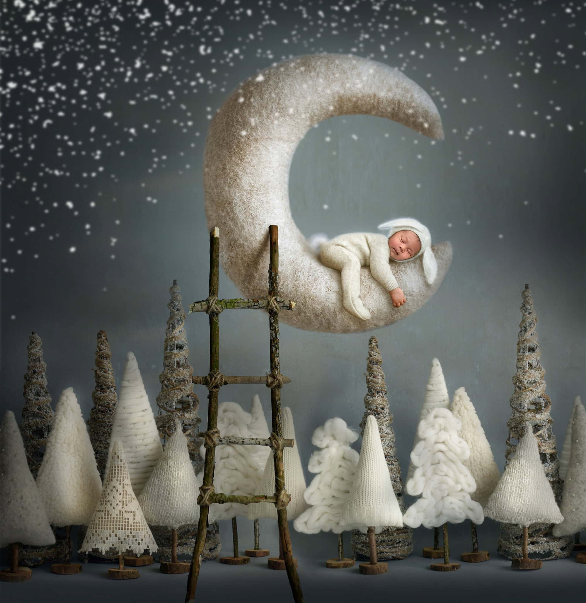 Sleepy newborn photos newborn baby boy asleep on felt moon with moonlit tree background wearing bunny sweater romper