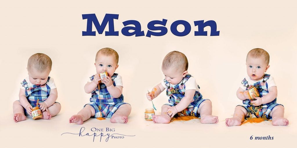 six month old eating baby food 4 images